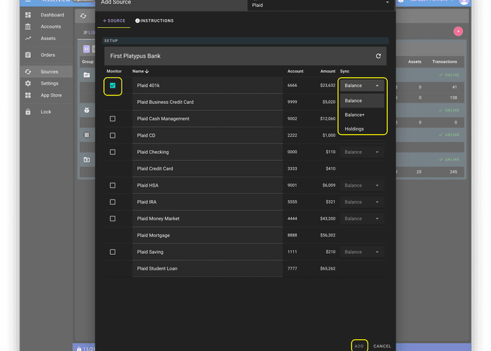 Source configuration in AssetView