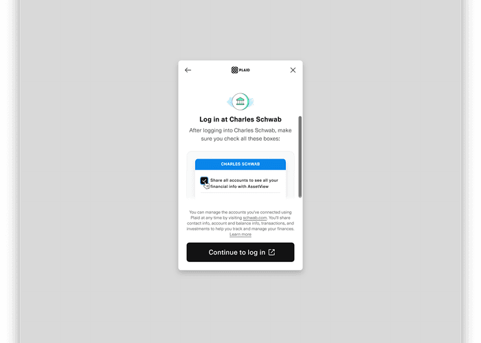 Sources Plaid log in facility in AssetView