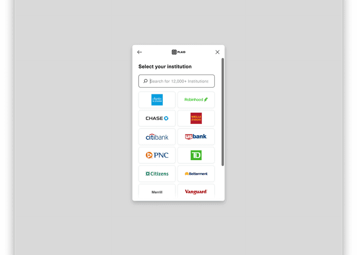 Sources Plaid selection of financial institution in AssetView