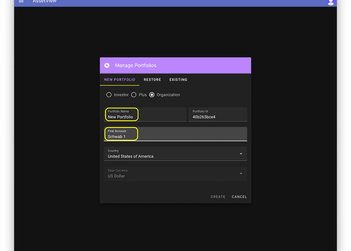 Naming an account in AssetView