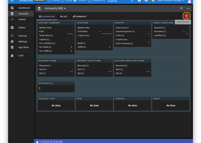 Adding an account in AssetView
