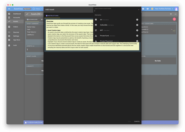 Choosing an asset type in AssetView